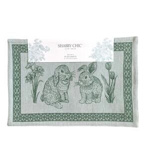 NEW Shabby Chic Bunny Rabbit Cotton Placemats 13x19 Green White Spring Easter